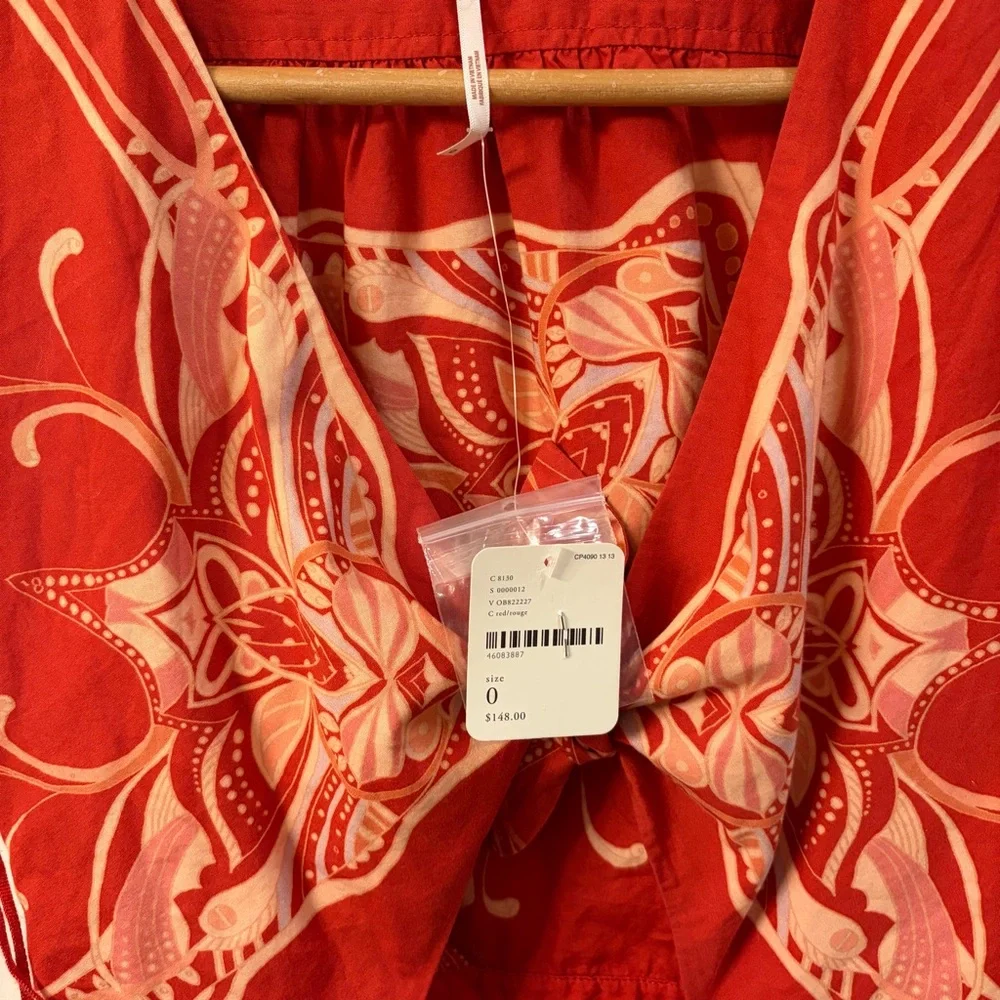 FREE PEOPLE RED ORANGE BOHO V-NECK BUTTON FRONT MIDI DRESS SIZE 0 NWT